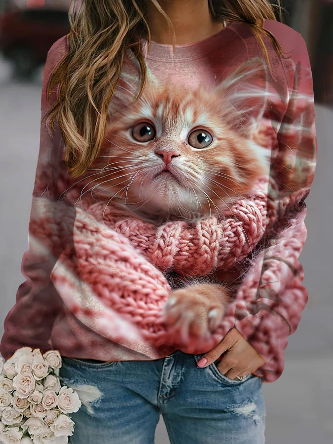 Women's Cat Print Casual Long Sleeve Sweatshirt