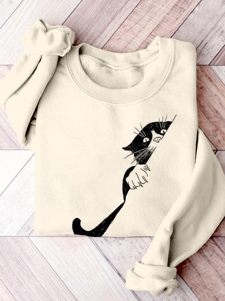 Women's Cat Print Crew Neck Apricot Sweatshirt