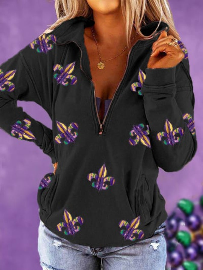 Women's Mardi Gras Fleur De Lis Colorblock Print Casual Zipper Collar Sweatshirt