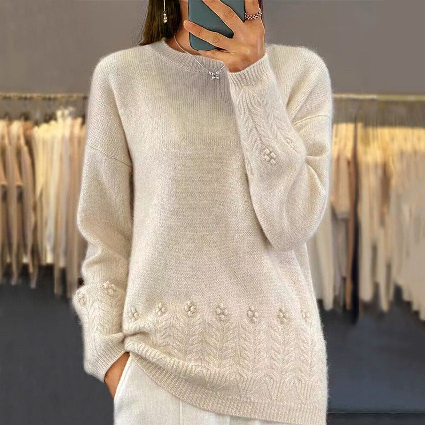 Women's Solid Color Jacquard Long Sleeve Sweater