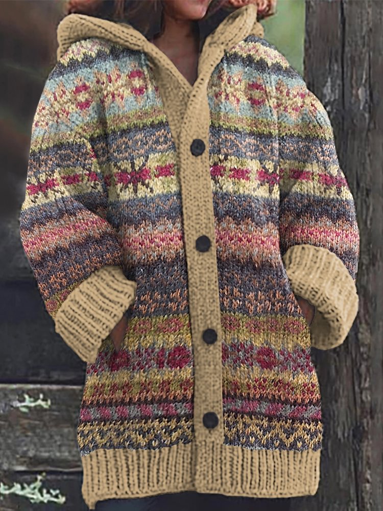 Vintage Fairman Island Knit Jacquard Hooded Sweater Cardigan