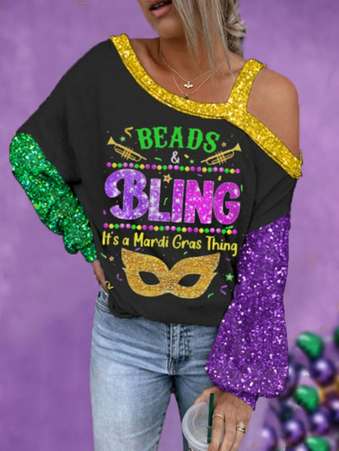 Women's Beads And Bling It's A Mardi Gras Thing Print Off-Shoulder Long-Sleeve Top