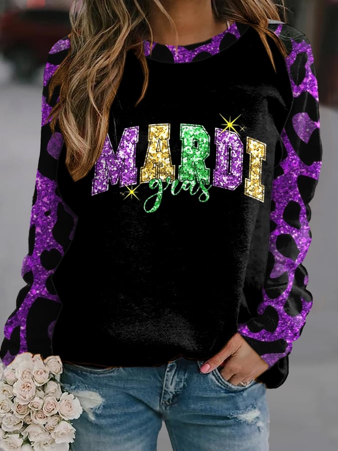 Women's Mardi Gras Print Round Neck Sweatshirt