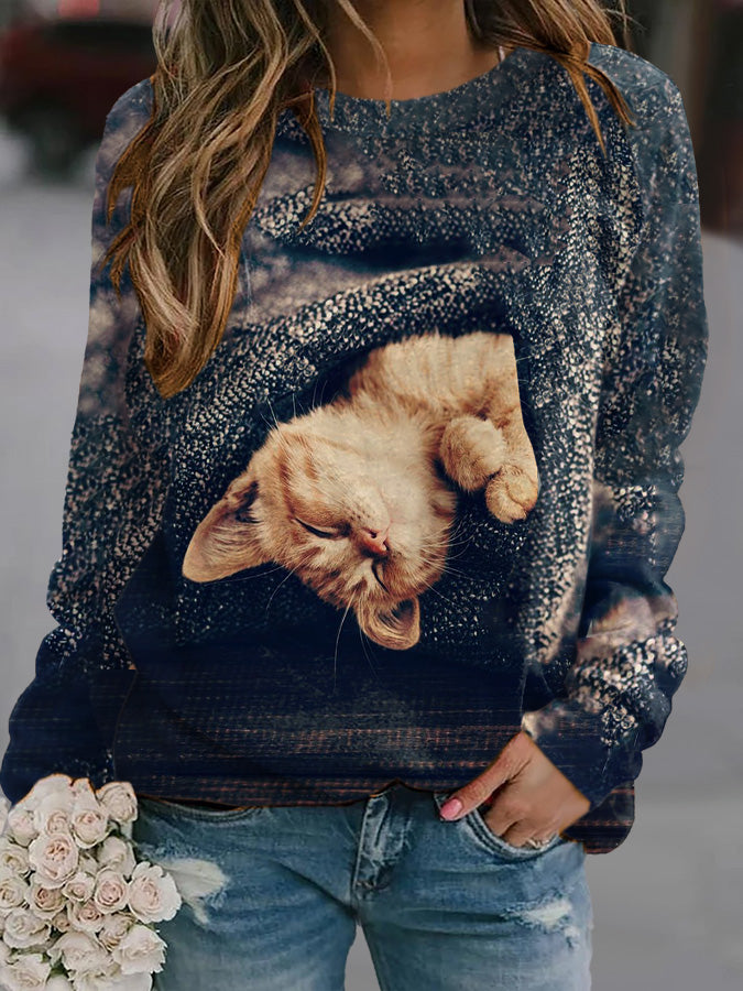 Women's Cat Print Casual Long Sleeve Sweatshirt