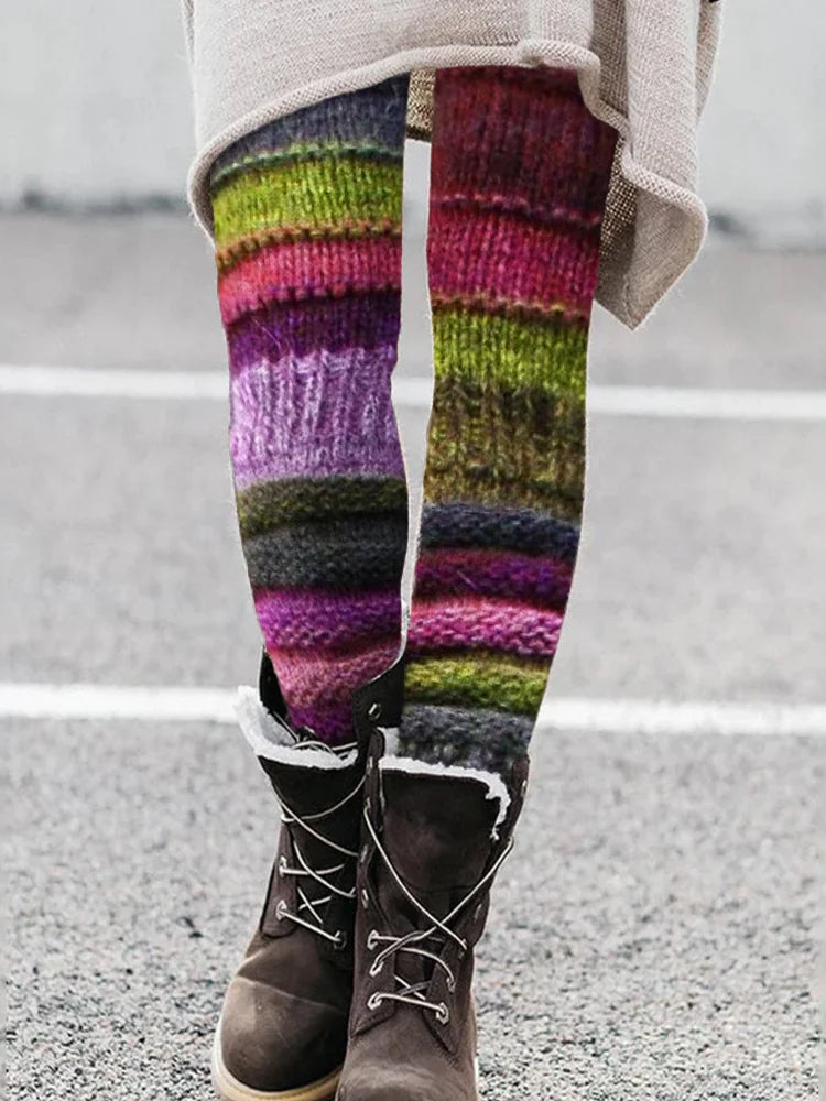 Forest Inspired Colorful Patchwork Knit Cozy Leggings