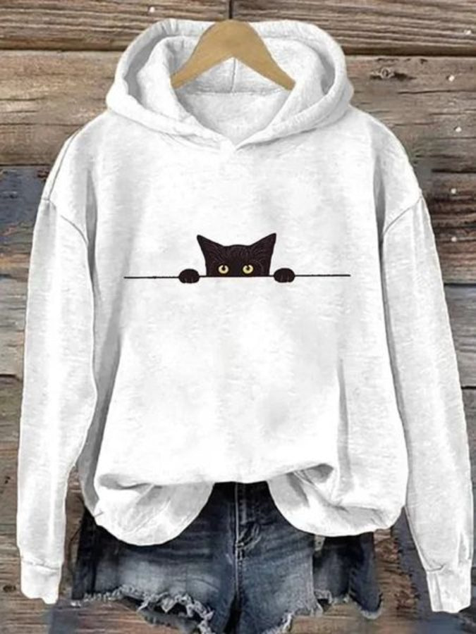 Cute Black Cat Print Casual Sweatshirt