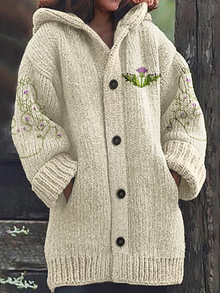 Vintage Scotland Thistle Embroidery Knit Hooded Sweater Cardigan