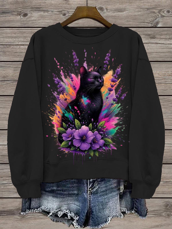 Women's Print Round Neck Black Sweatshirt