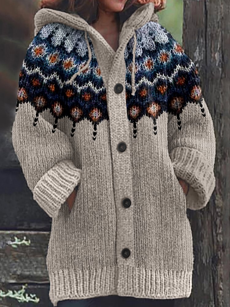 Retro Geometric Knitted Button Down Cozy Hoodie Sweater