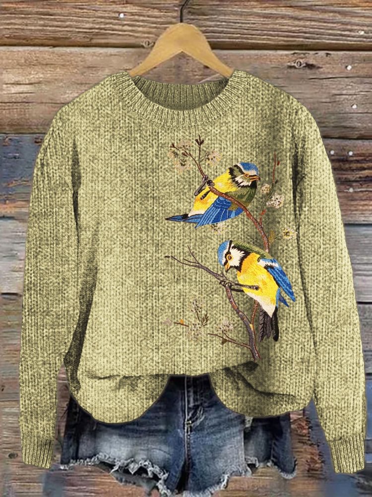 Bird & Flower Embroidery Art Cozy Knit Sweater