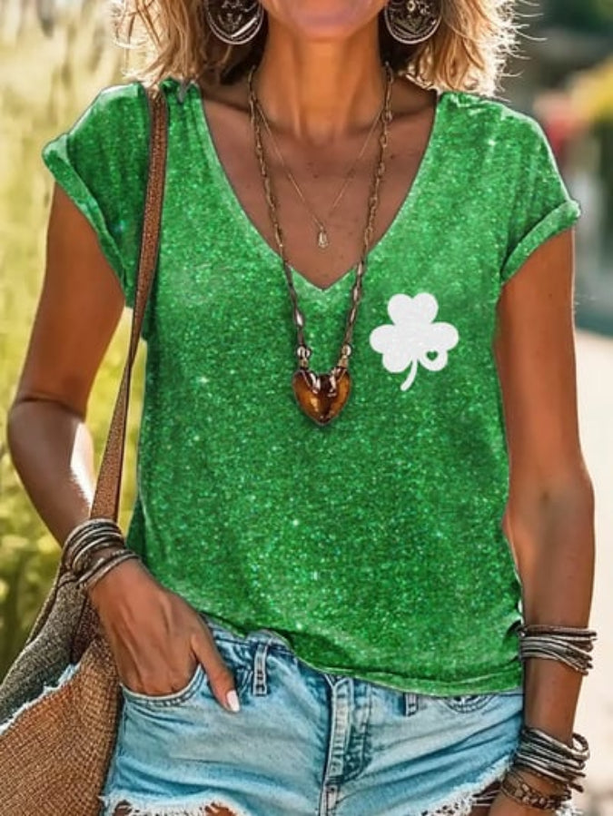 Women's St. Patrick's Day Shamrock Print V-neck T-Shirt