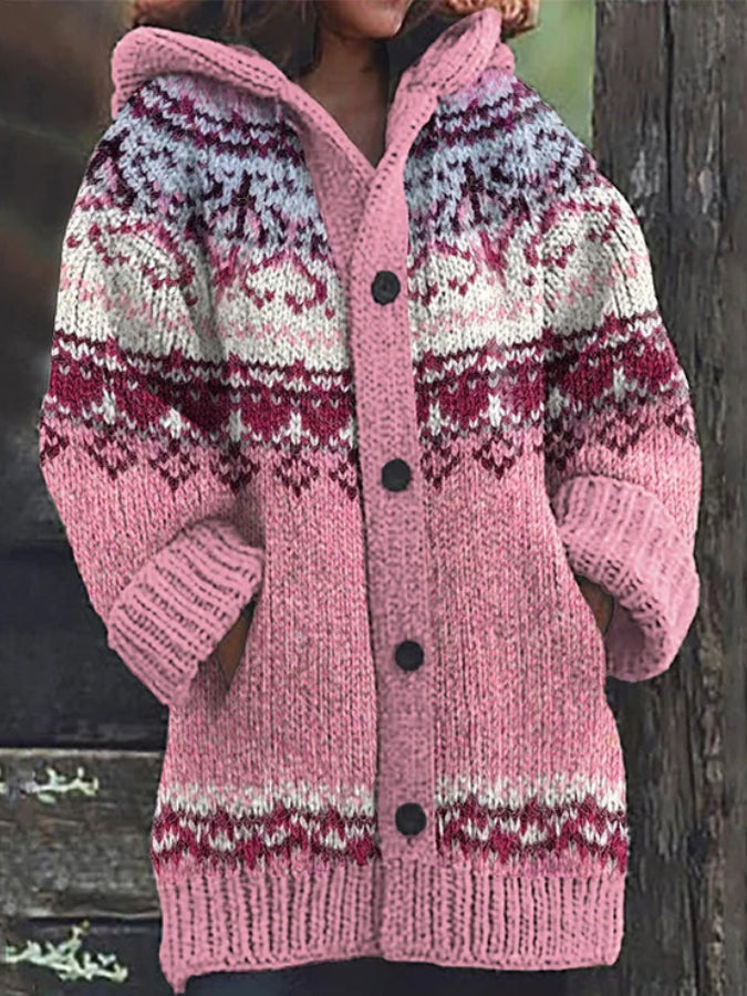 Women's Vintage Print Knitted Hooded Cardigan