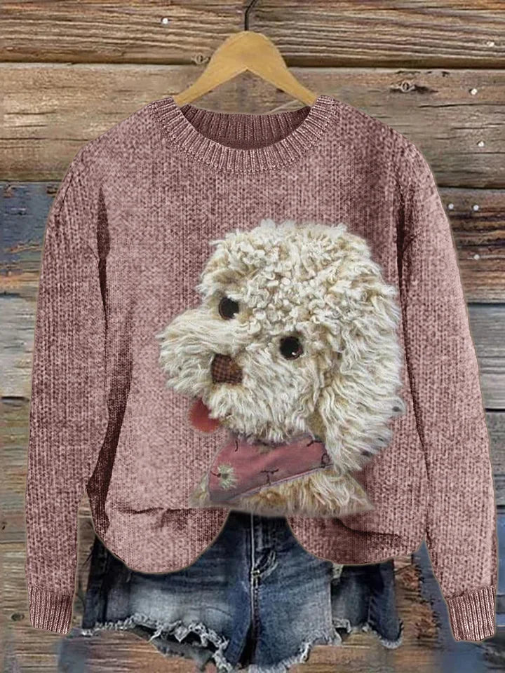 Fuzzy Dog Plush Patchwork Knit Sweater