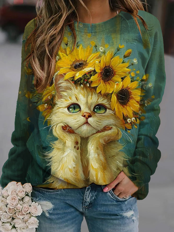 Women's Cat Print Round Neck Sweatshirt