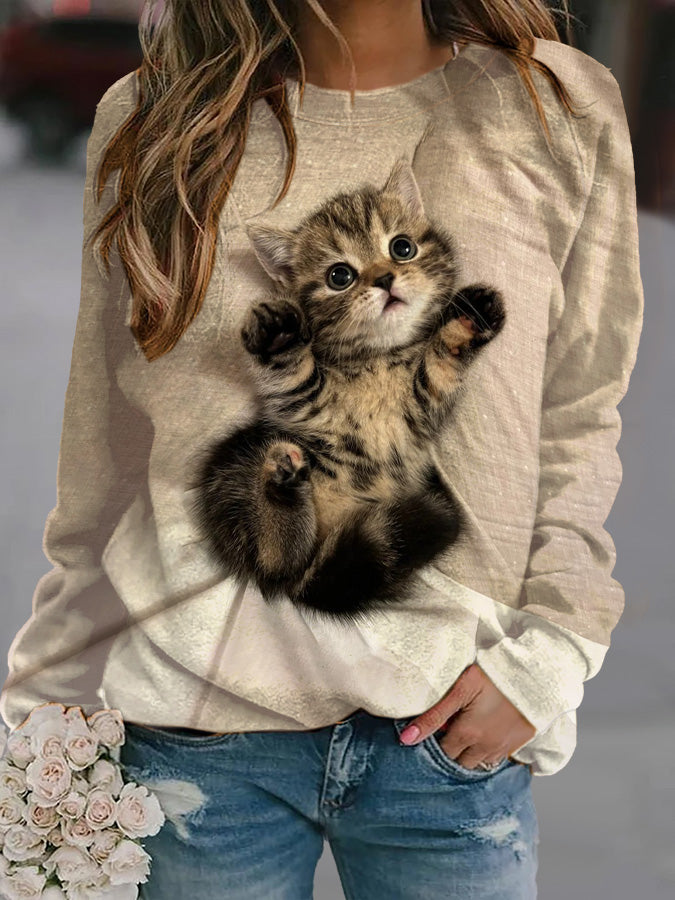 Women's Cat Print Round Neck Sweatshirt