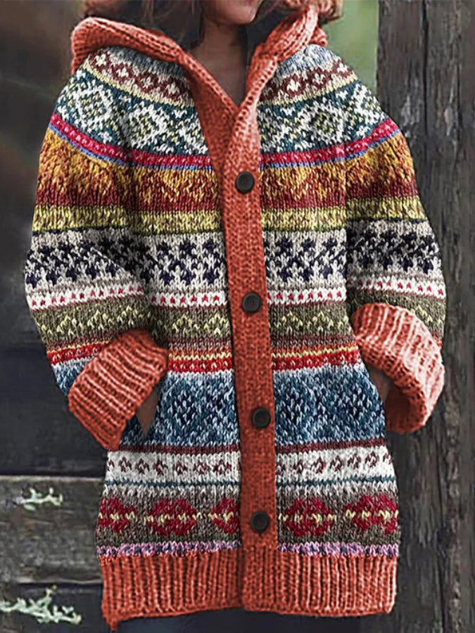 Women's Vintage Print Orange Knitted Hooded Cardigan