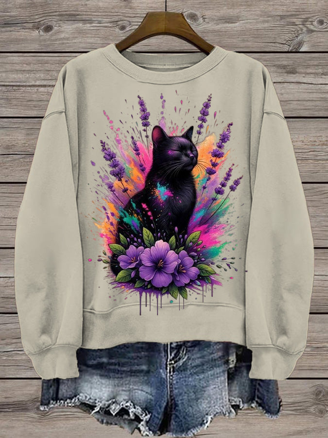 Women's Print Round Neck Black Sweatshirt