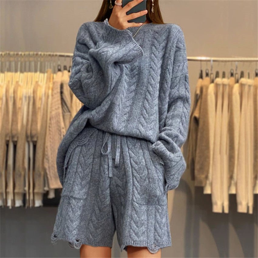 Women's Solid Color Round Neck Sweater Shorts Two-piece Set