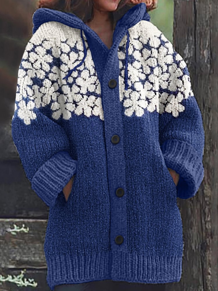 Vintage Floral Pattern Icelandic Knit Cozy Cardigan Sweater