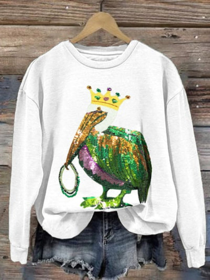 Retro Mardi Gras Pelican Crown And Beads Print Sweatshirt