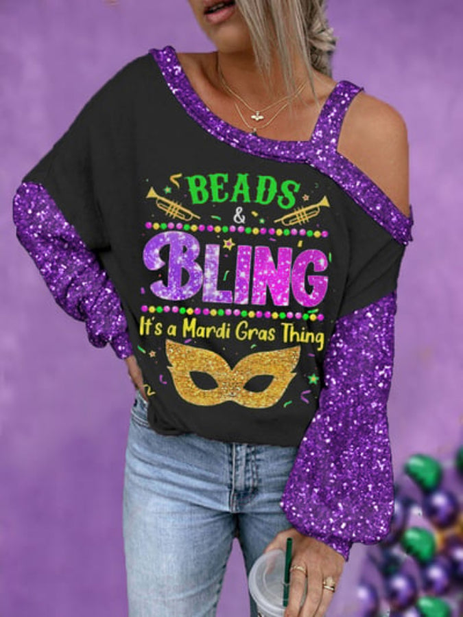 Women's Beads And Bling It's A Mardi Gras Thing Print Off-Shoulder Long-Sleeve Top