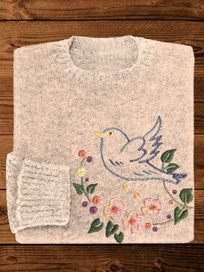 Bird & Flower Knit Pattern Cozy Sweater