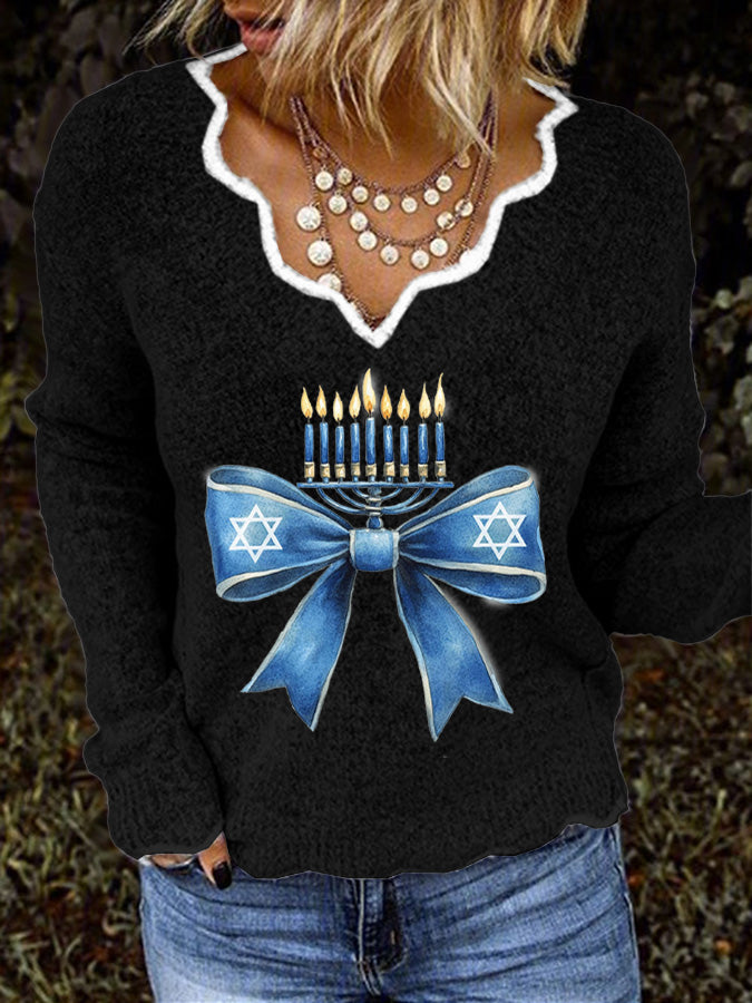 Women's Hanukkah Menorah Print Casual Sweater