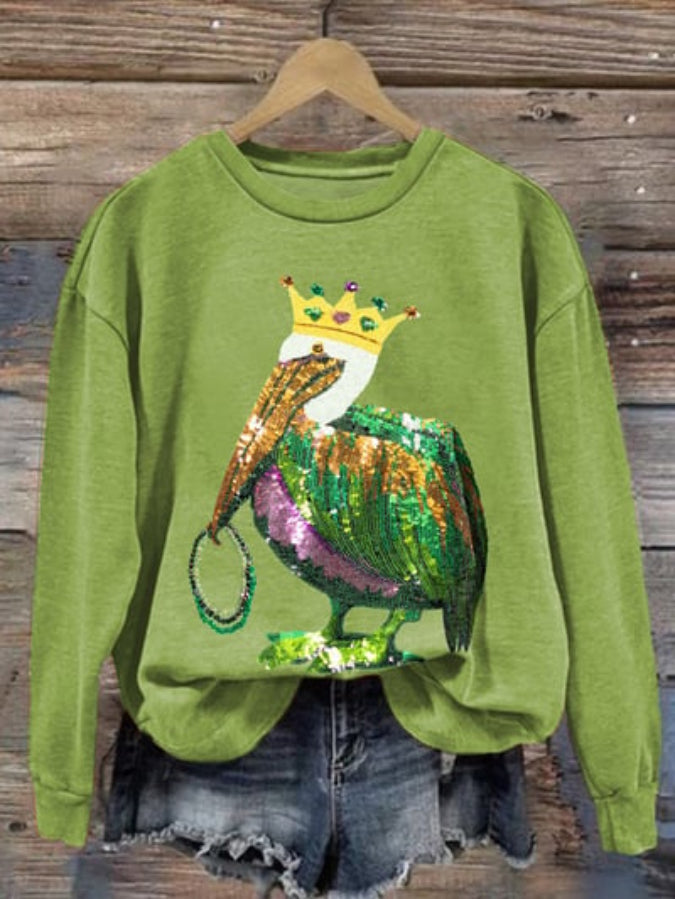 Retro Mardi Gras Pelican Crown And Beads Print Sweatshirt