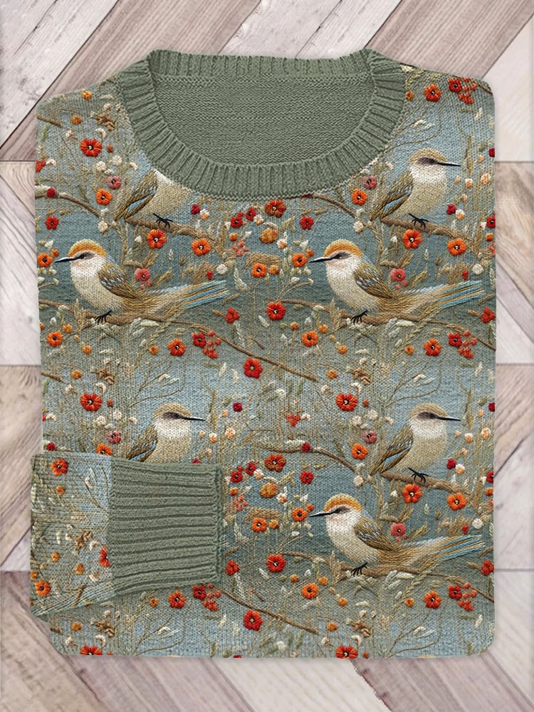 Flowers & Birds Embroidery Art Cozy Knit Sweater