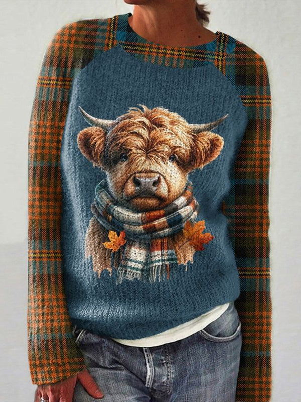 Vintage Highland Cow Print Crew Neck Sweater