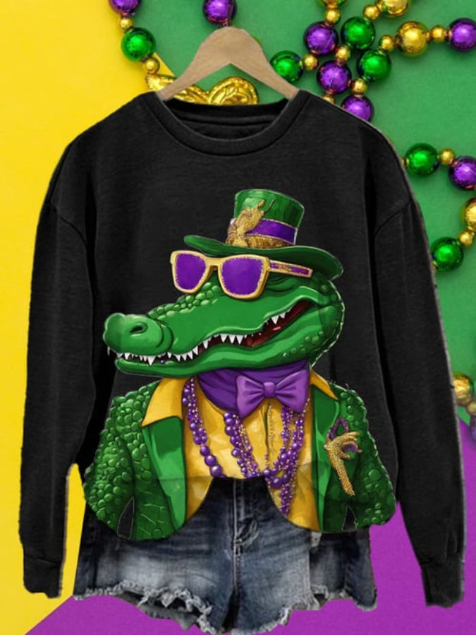 Women's Mardi Gras Gator Printed Round Neck Sweatshirt