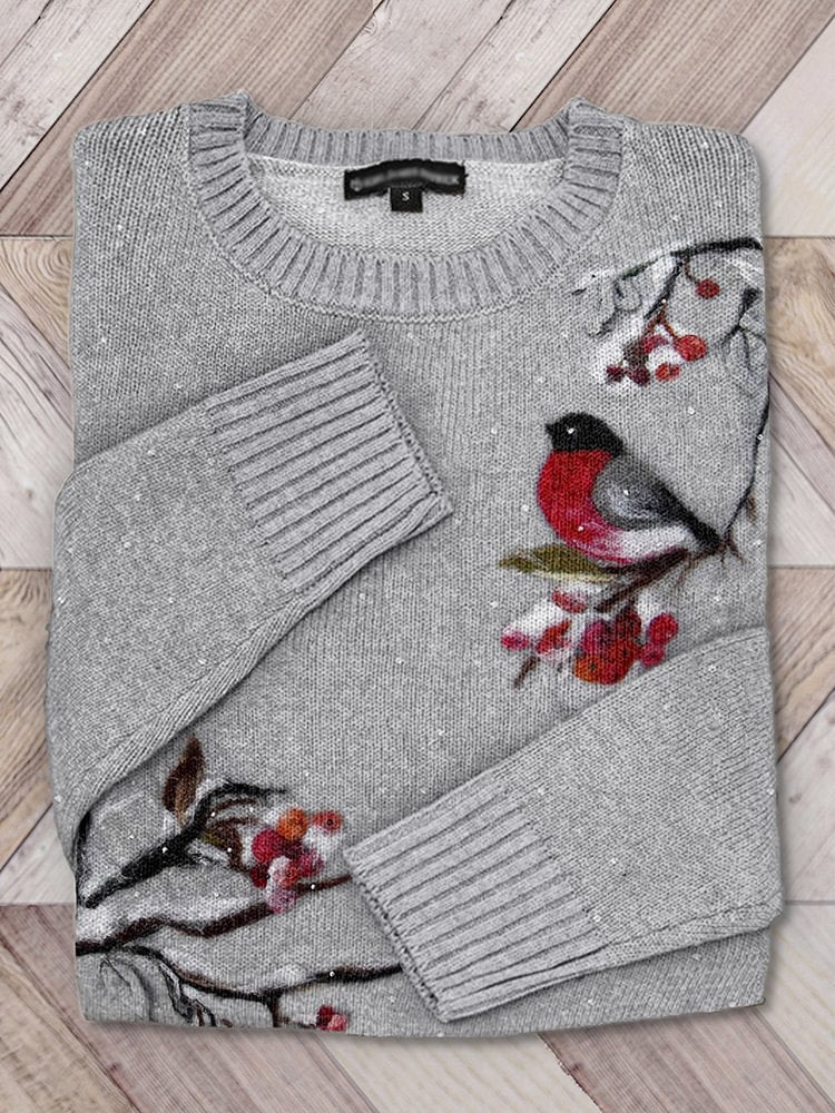 Winter Birds On Branches Felt Art Cozy Sweater