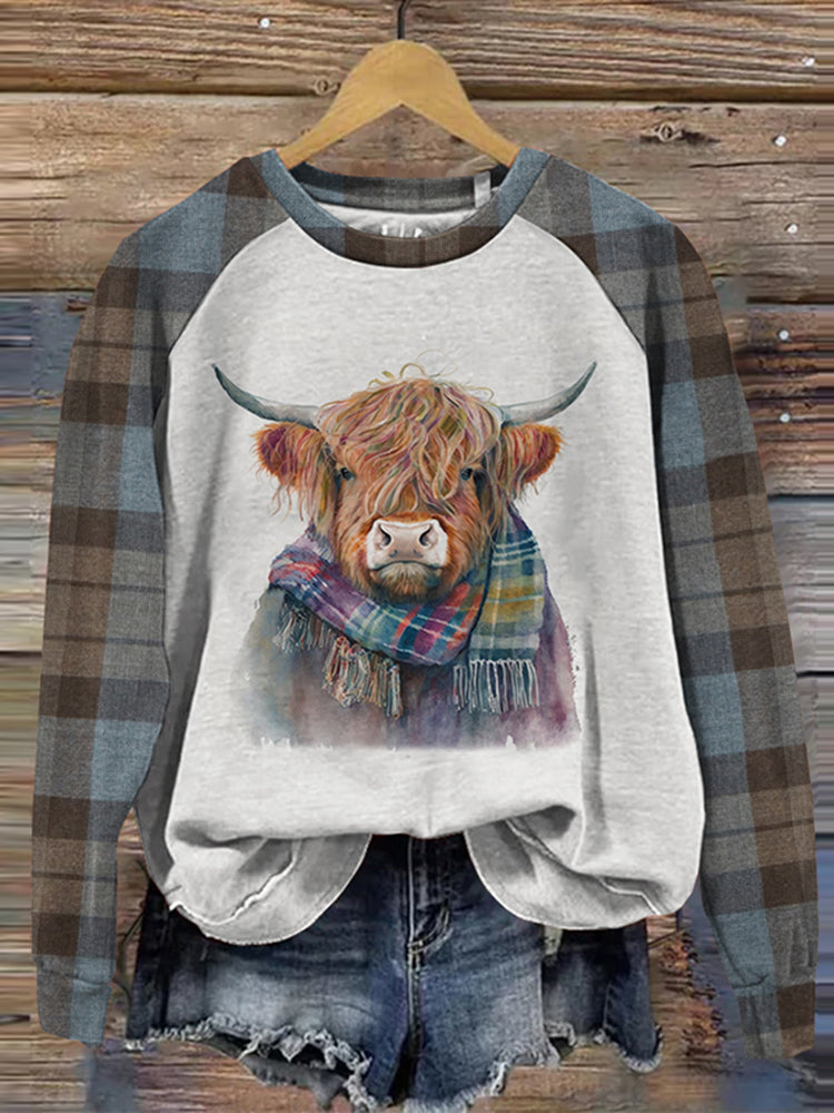 Vintage Highland Cow Plaid Raglan Sweatshirt