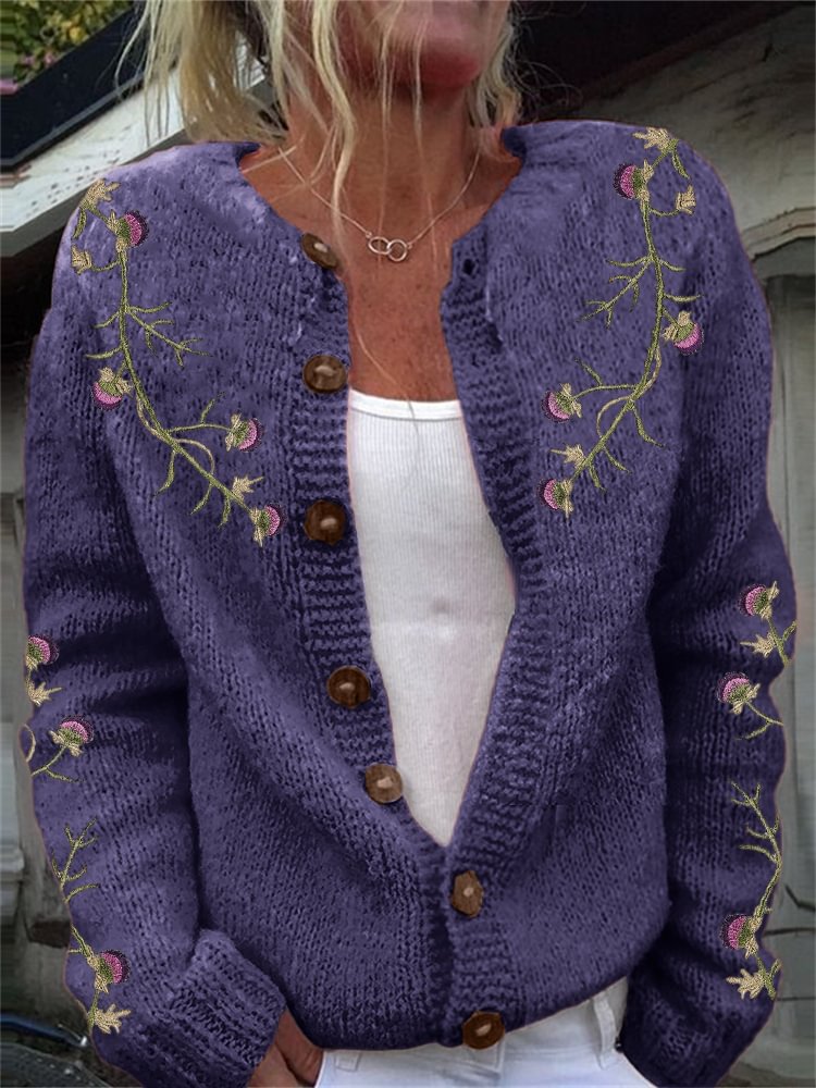 Scotland Thistle Vines Embroidered Cozy Knit Cardigan