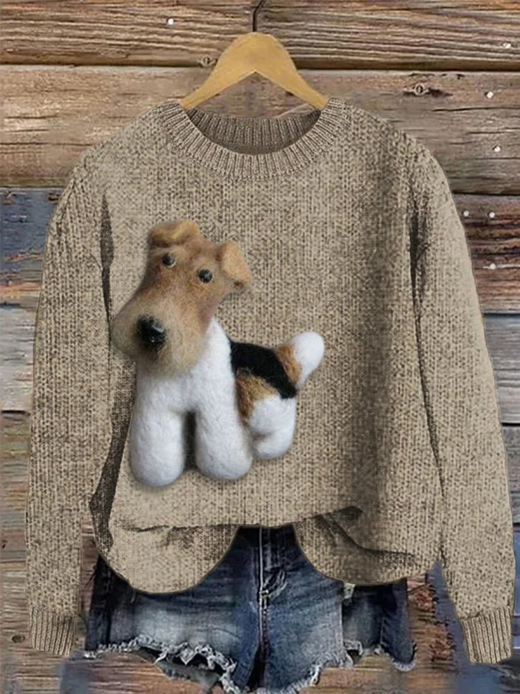 Cute Dog Felt Art Casual Cozy Knit Sweater