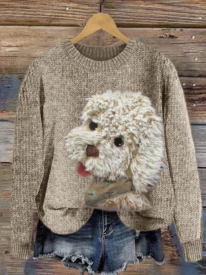 Fuzzy Dog Plush Patchwork Knit Sweater