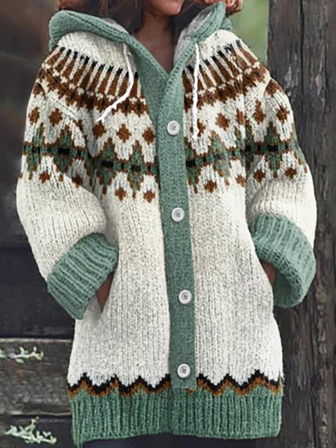 Women's Colored Knitted Hooded Cardigan