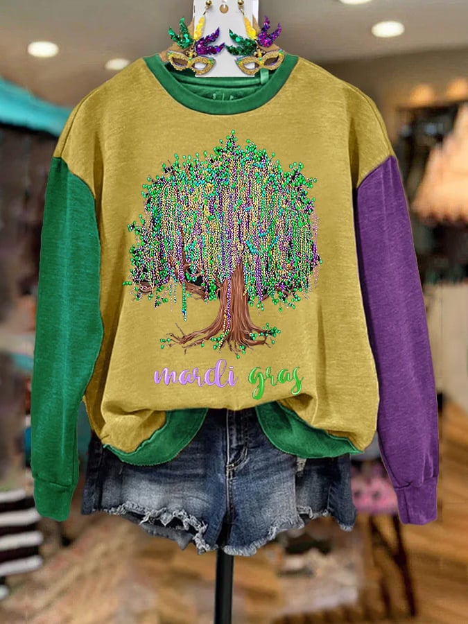 Women's Mardi Gras Beads Tree Print Casual Sweatshirt